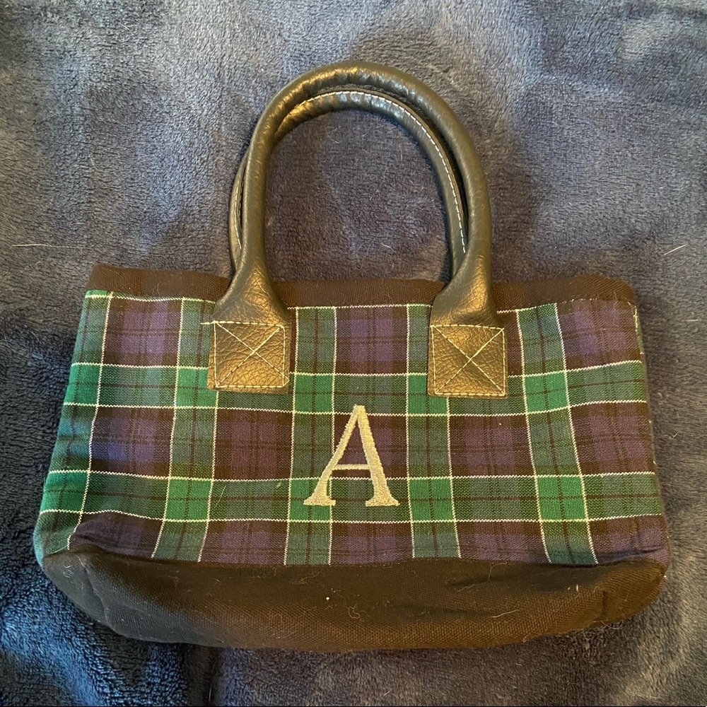 Small blue and green plaid purse with a capital A